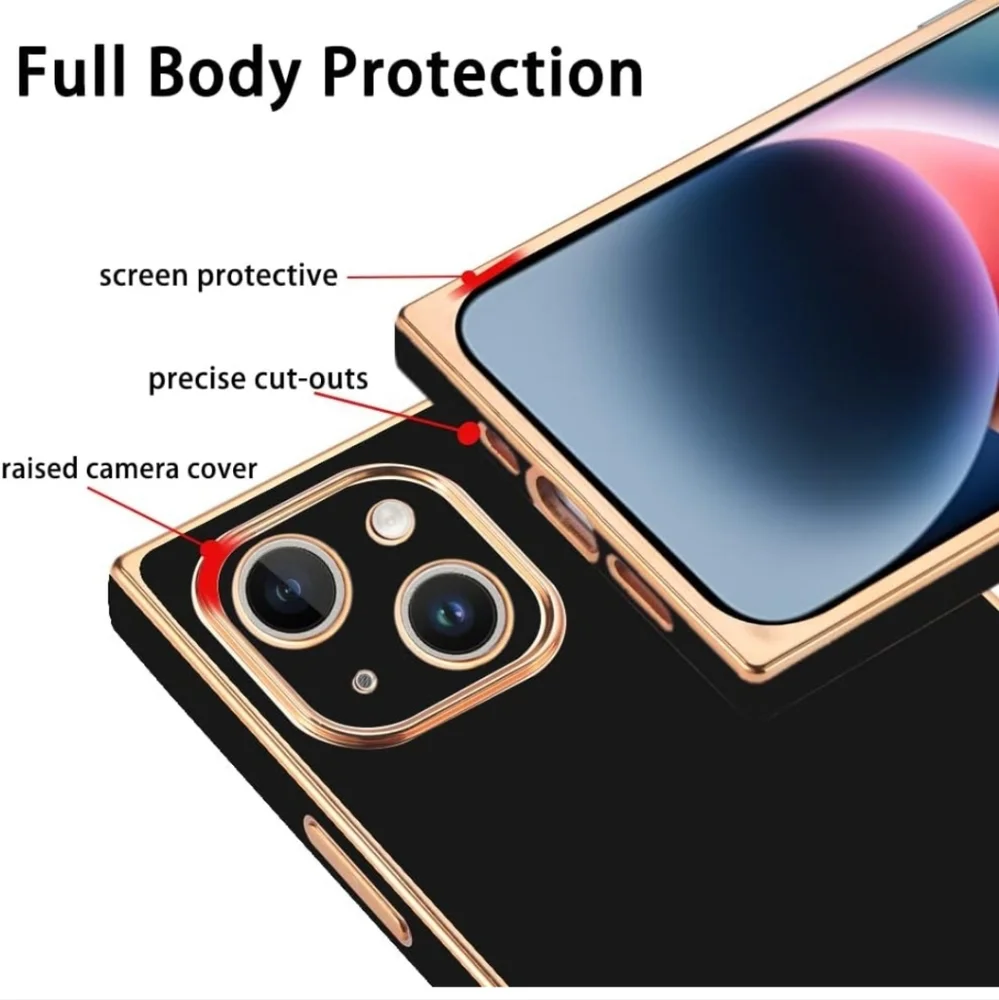 iPhone 14 Case Square Cute Gold Plating Reinforced Corners Edge Soft TPU Shock A